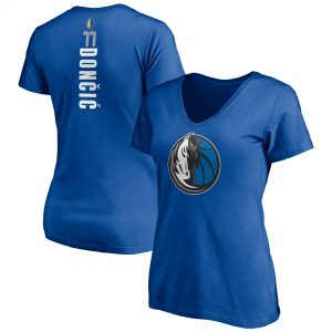 Luka Doncic Dallas Mavericks Women’s Blue Playmaker Logo Name & Number V-Neck T-Shirt