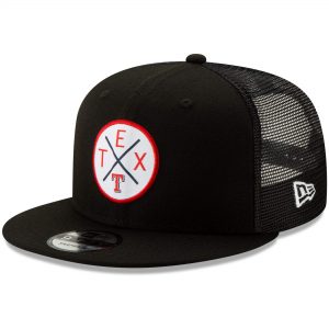 New Era Texas Rangers Black Vert Trucker 9FIFTY Adjustable Snapback Hat